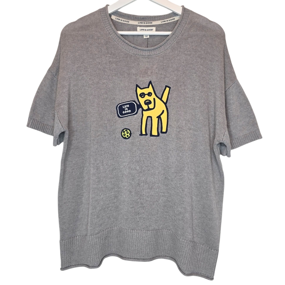 LIFE IS GOOD Women's Knit Sweater Tee Dog Graphic Grey Cotton Pullover Whimsical - Picture 2 of 9